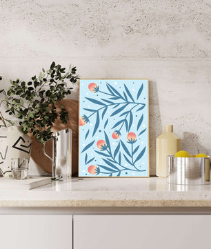 Abstract botanical pattern with colorful flowers and leaves on light blue background
