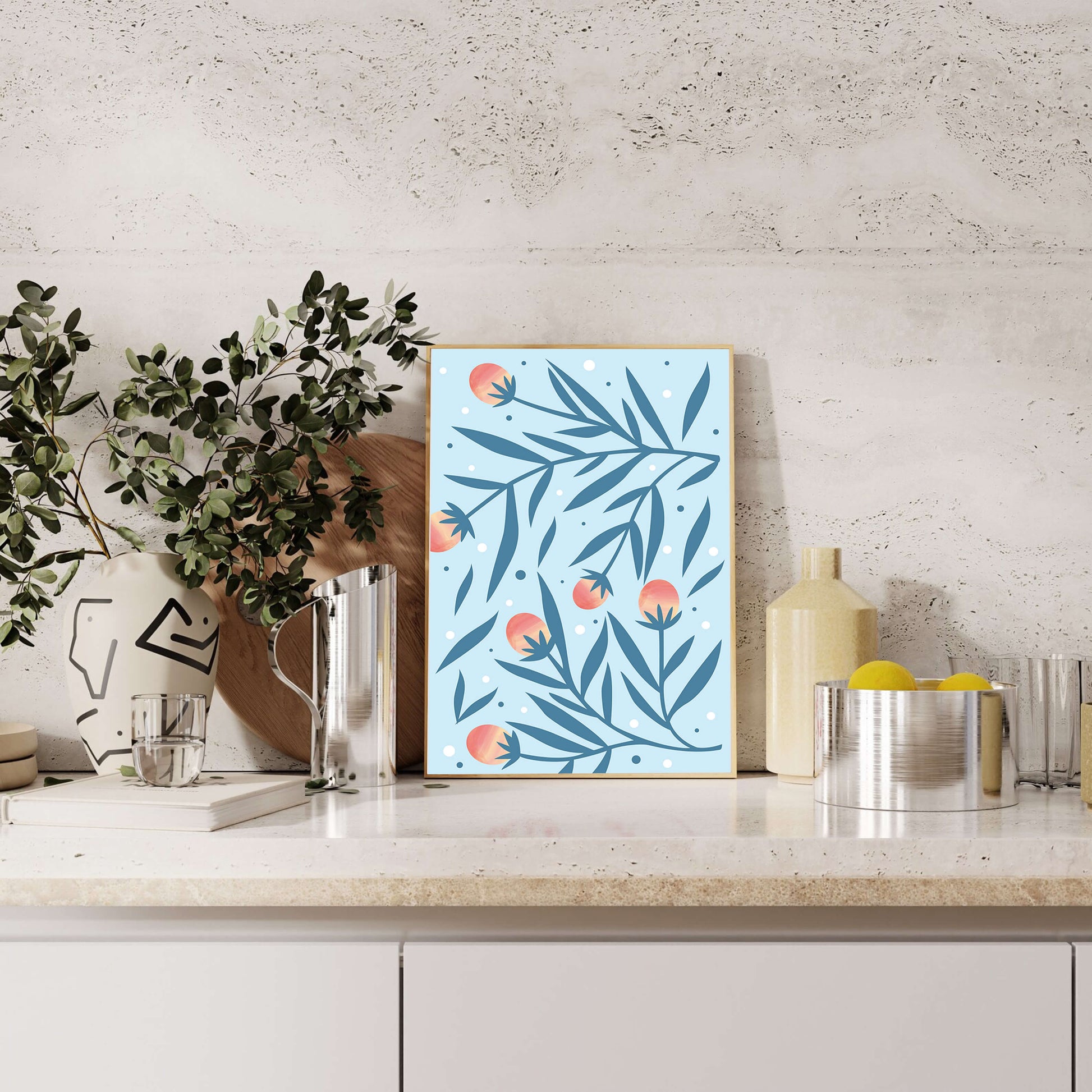 Abstract botanical pattern with colorful flowers and leaves on light blue background