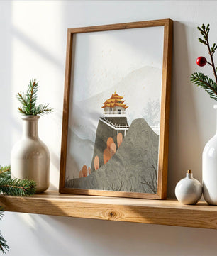 Serene landscape with traditional pagoda and autumn trees