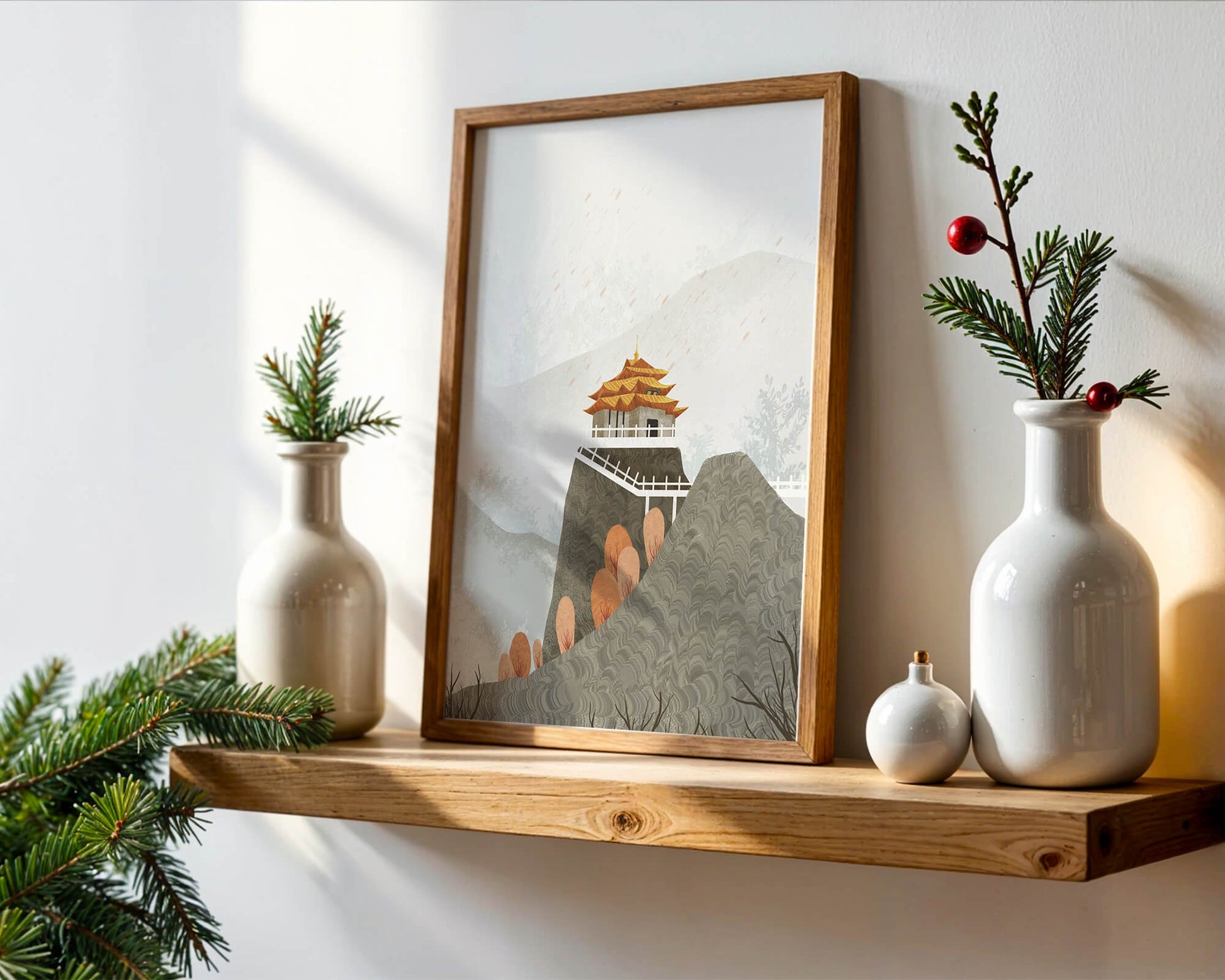 Serene landscape with traditional pagoda and autumn trees