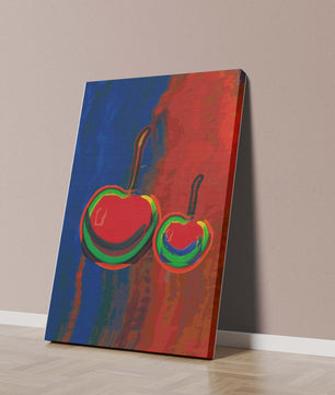 Pintura abstracta de cerezas con colores vibrantes
