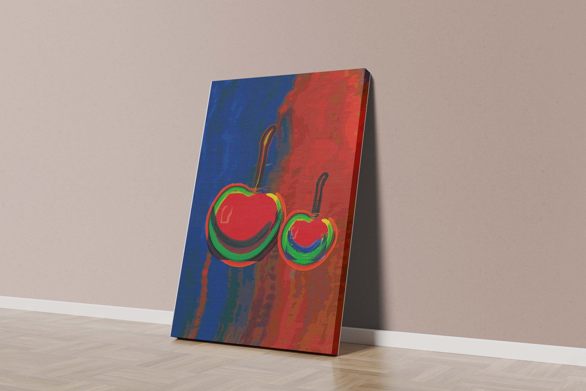 Pintura abstracta de cerezas con colores vibrantes.
