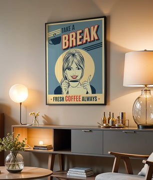 Retro Coffee Break Poster with Woman Holding a Cup - Mi tienda
