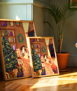 Cozy Christmas scene with tree, gifts, and a child by the window