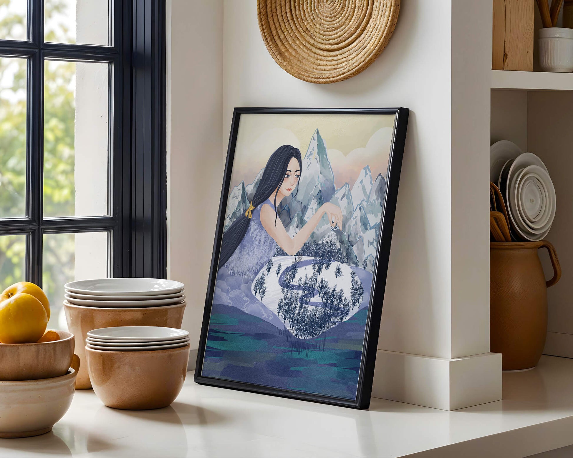 Majestic Woman Overlooking Snowy Mountain Landscape