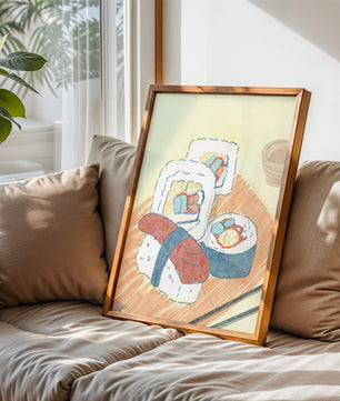 Illustration of assorted sushi on a wooden board
