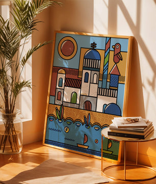 Bunte geometrische Küstendorf-Illustration mit Vögeln und Booten