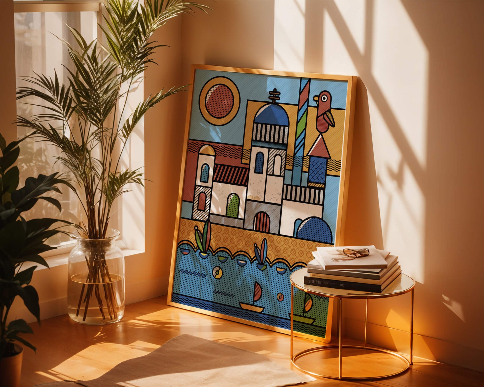 Bunte geometrische Küstendorf-Illustration mit Vögeln und Booten