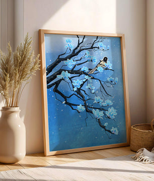 Blue Blossoms on Branch with Bird in Winter Scene