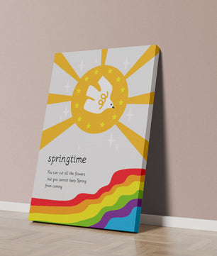 Colorful springtime illustration with dove and rainbow