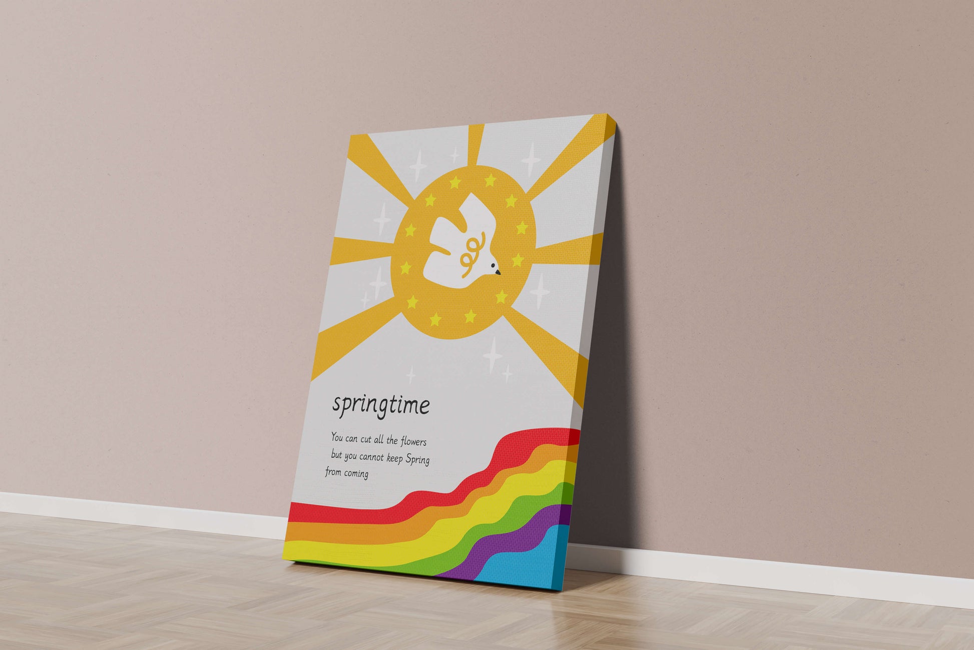 Colorful springtime illustration with dove and rainbow