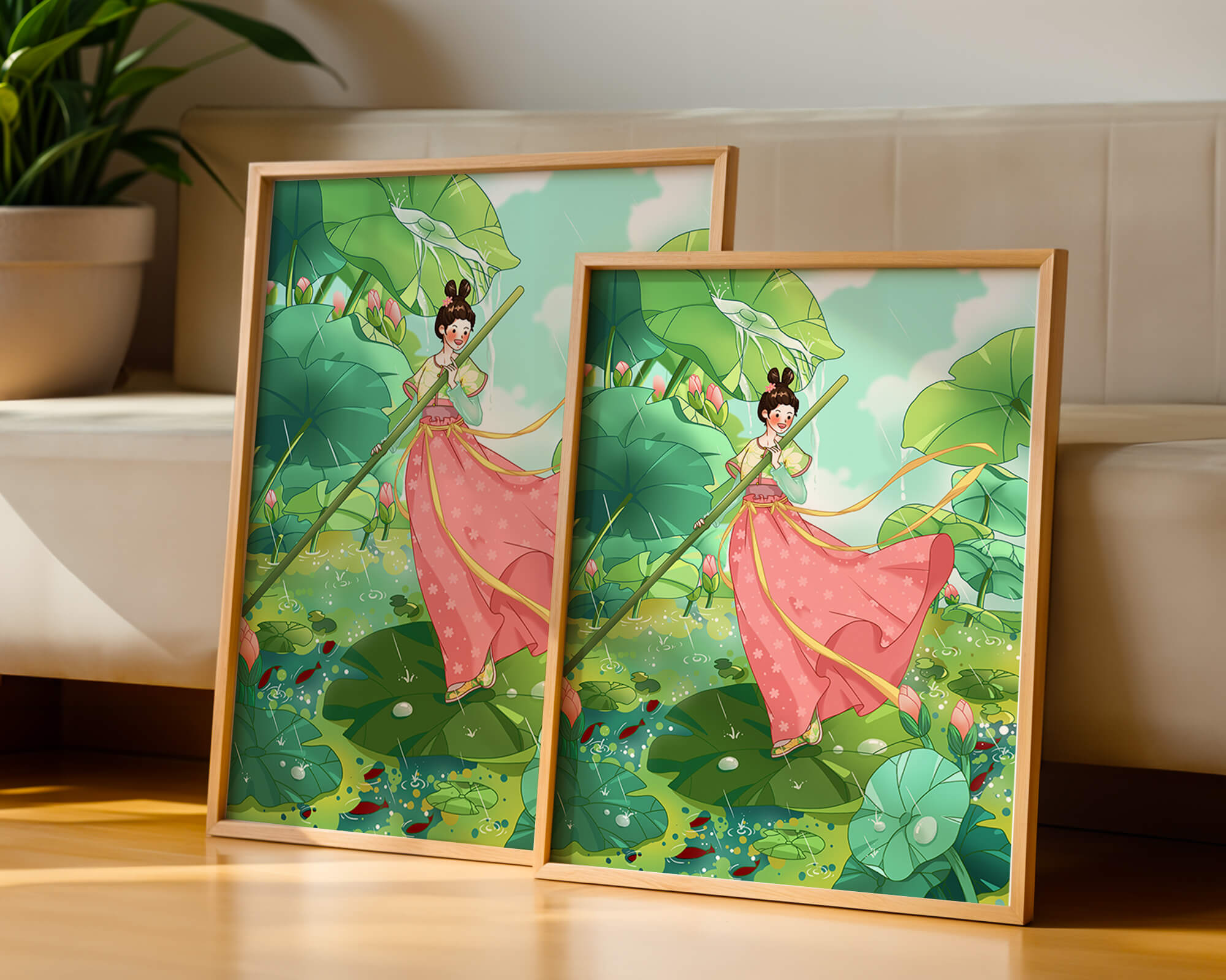A whimsical scene of a girl in traditional dress among vibrant lotus leaves