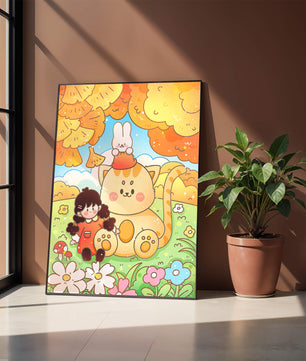 Ilustración caprichosa de una niña, un gato y un conejo en un paisaje otoñal