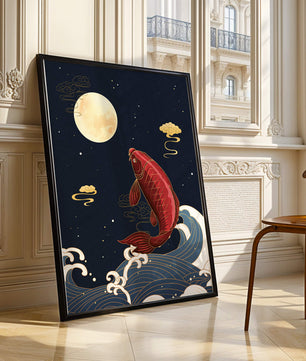 Traditional Japanese koi fish art with moonlit waves and clouds