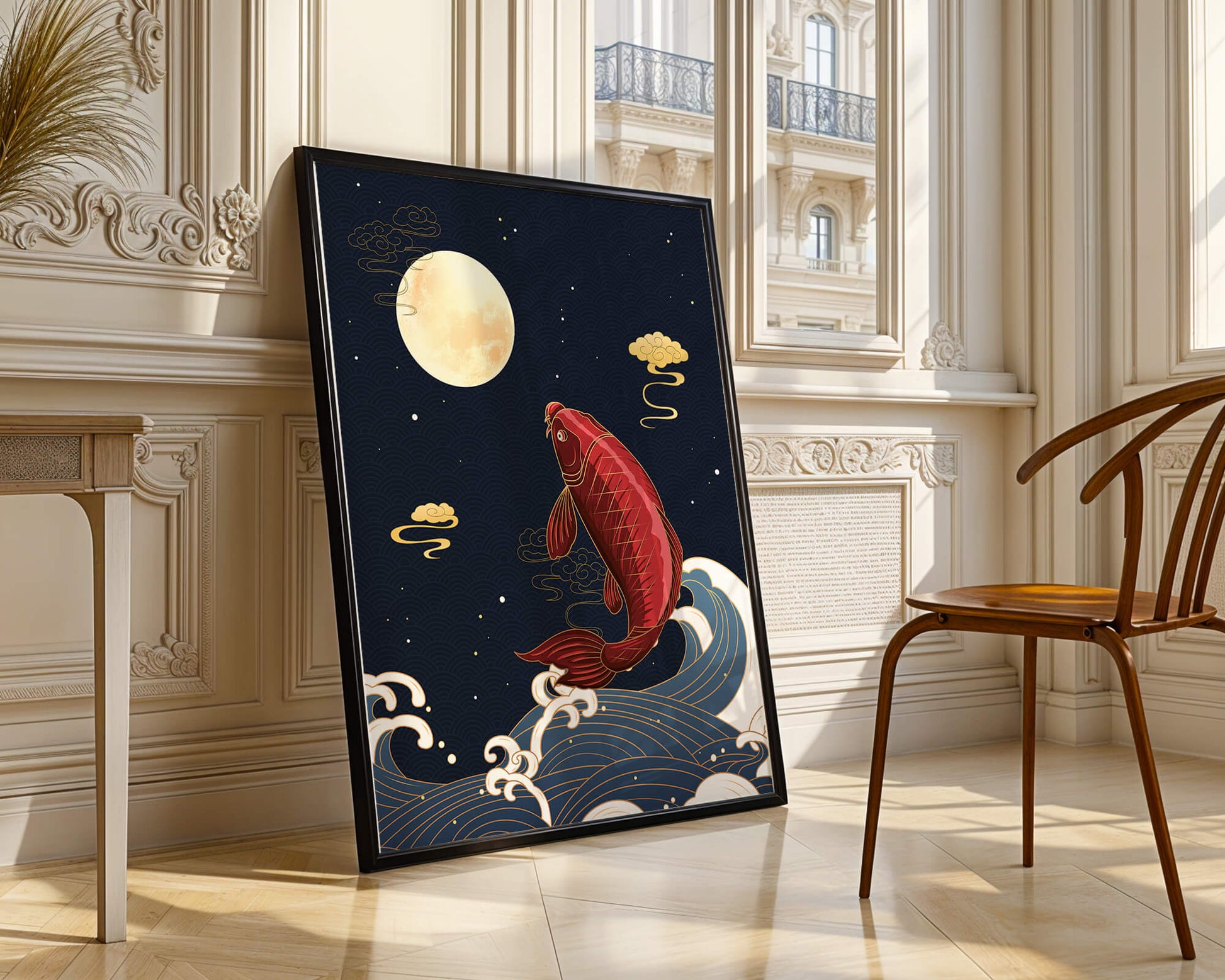 Traditional Japanese koi fish art with moonlit waves and clouds
