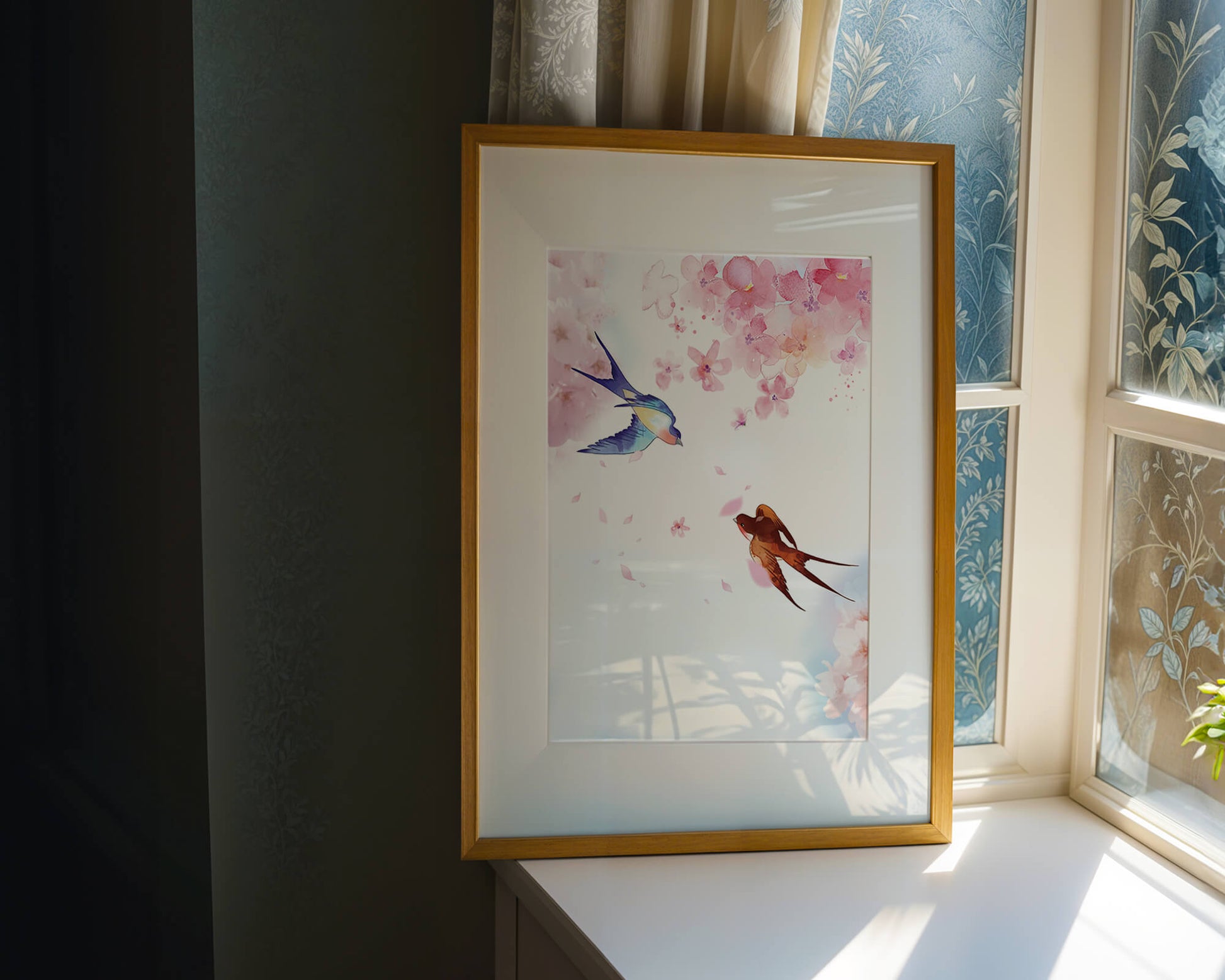 Pájaros coloridos y flores rosas en una escena primaveral de acuarela