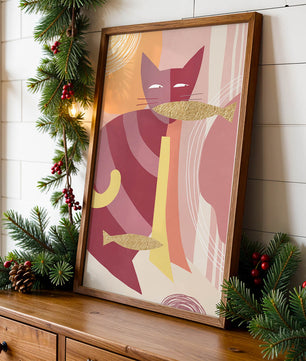 Abstract cat artwork with gold accents and colorful patterns