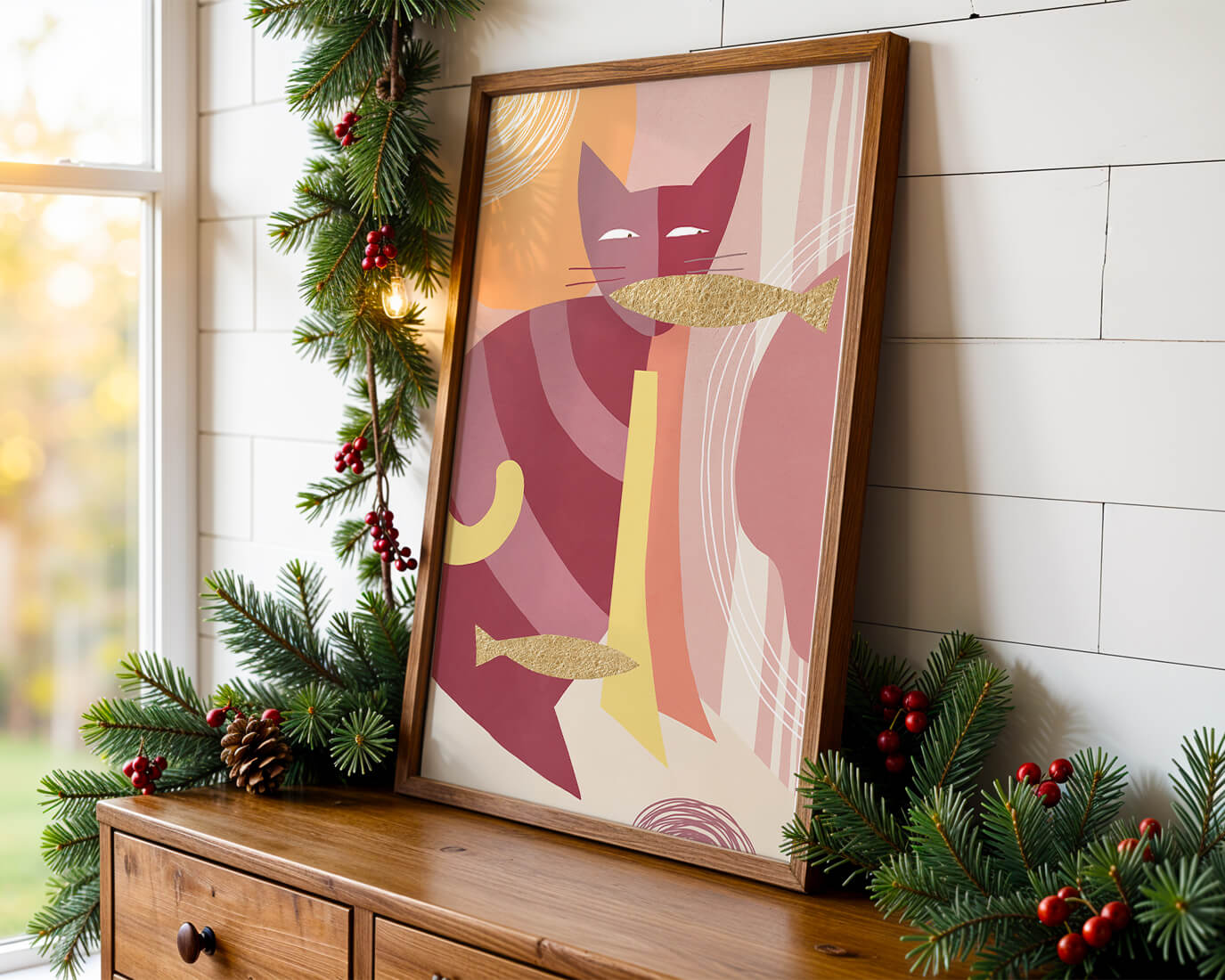 Abstract cat artwork with gold accents and colorful patterns