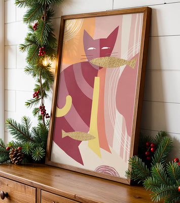 Abstract cat artwork with gold accents and colorful patterns