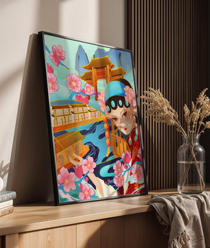 Traditional Asian art with cherry blossoms and architecture