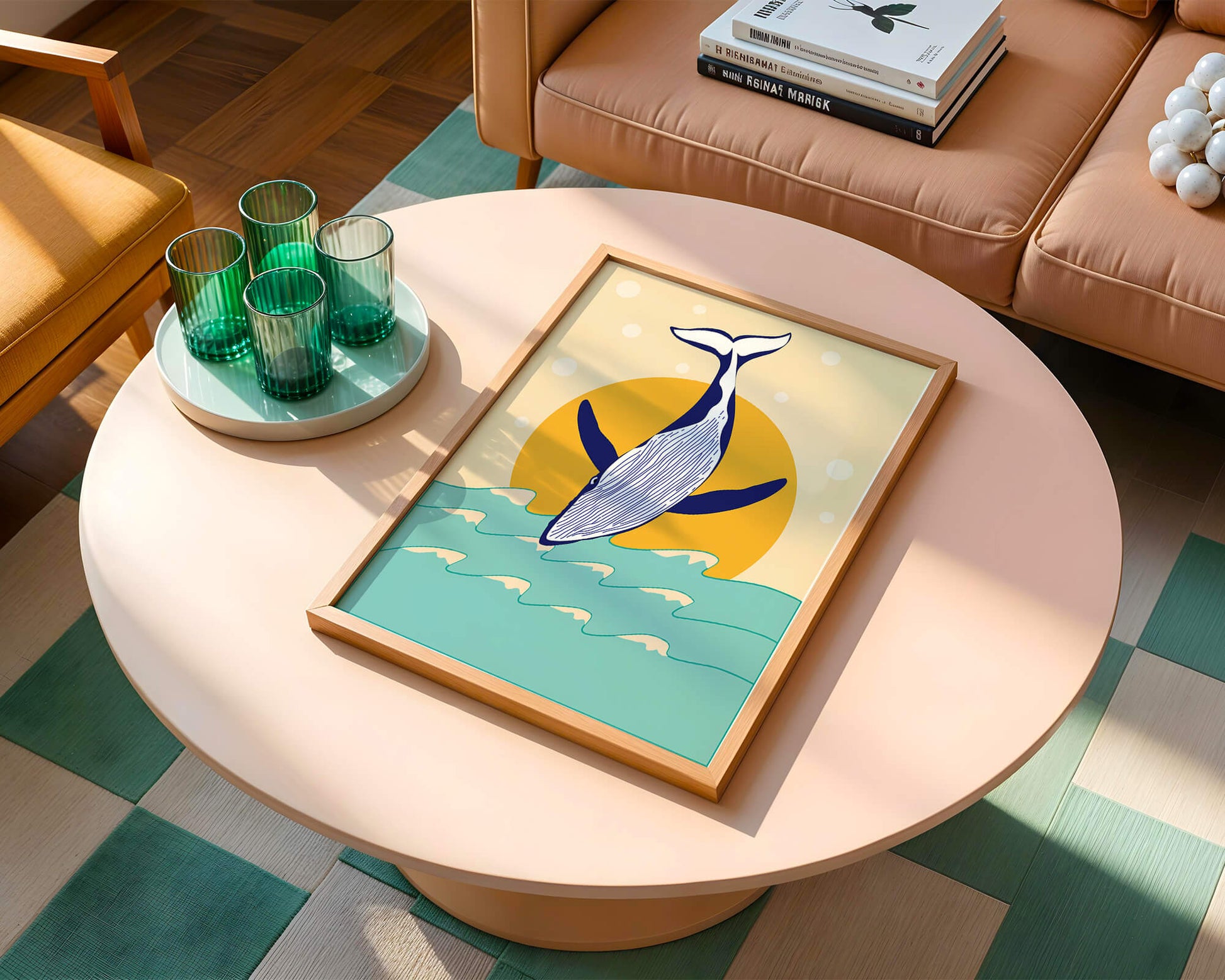 Illustration of a whale jumping over waves with sun backdrop