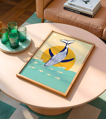 Illustration of a whale jumping over waves with sun backdrop