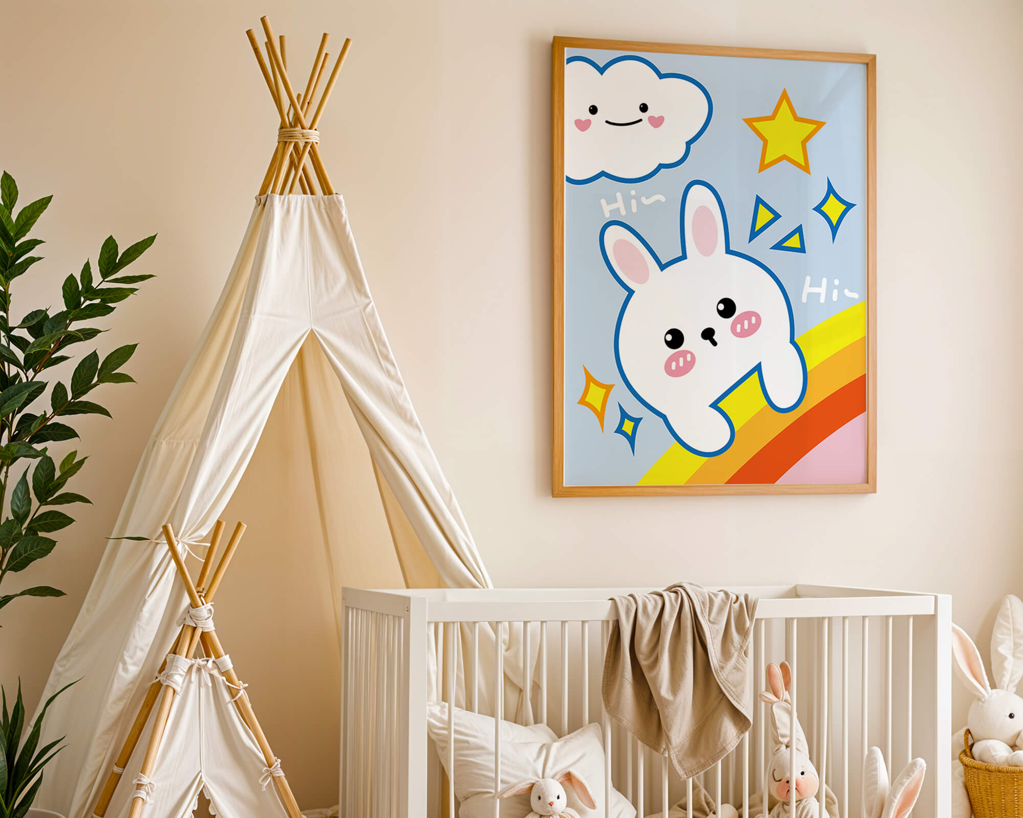 Whimsical cartoon bunny with cloud and rainbow theme