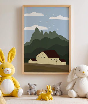 Paisaje minimalista de montaña con casas y pájaros en el cielo