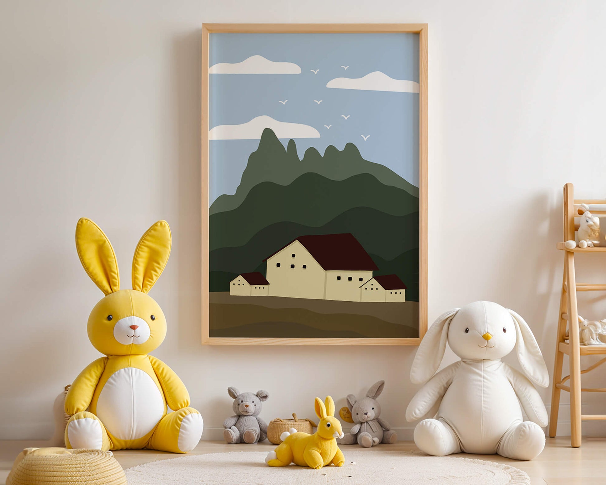 Paisaje minimalista de montaña con casas y pájaros en el cielo