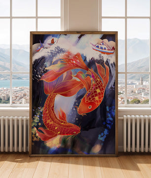 Dépeinte artistique de carpes koï nageant avec des bateaux dans des couleurs vives.