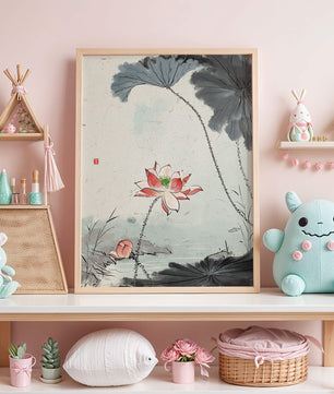 Aquarell Lotusblüte mit Seerosenblättern in ruhiger Szene