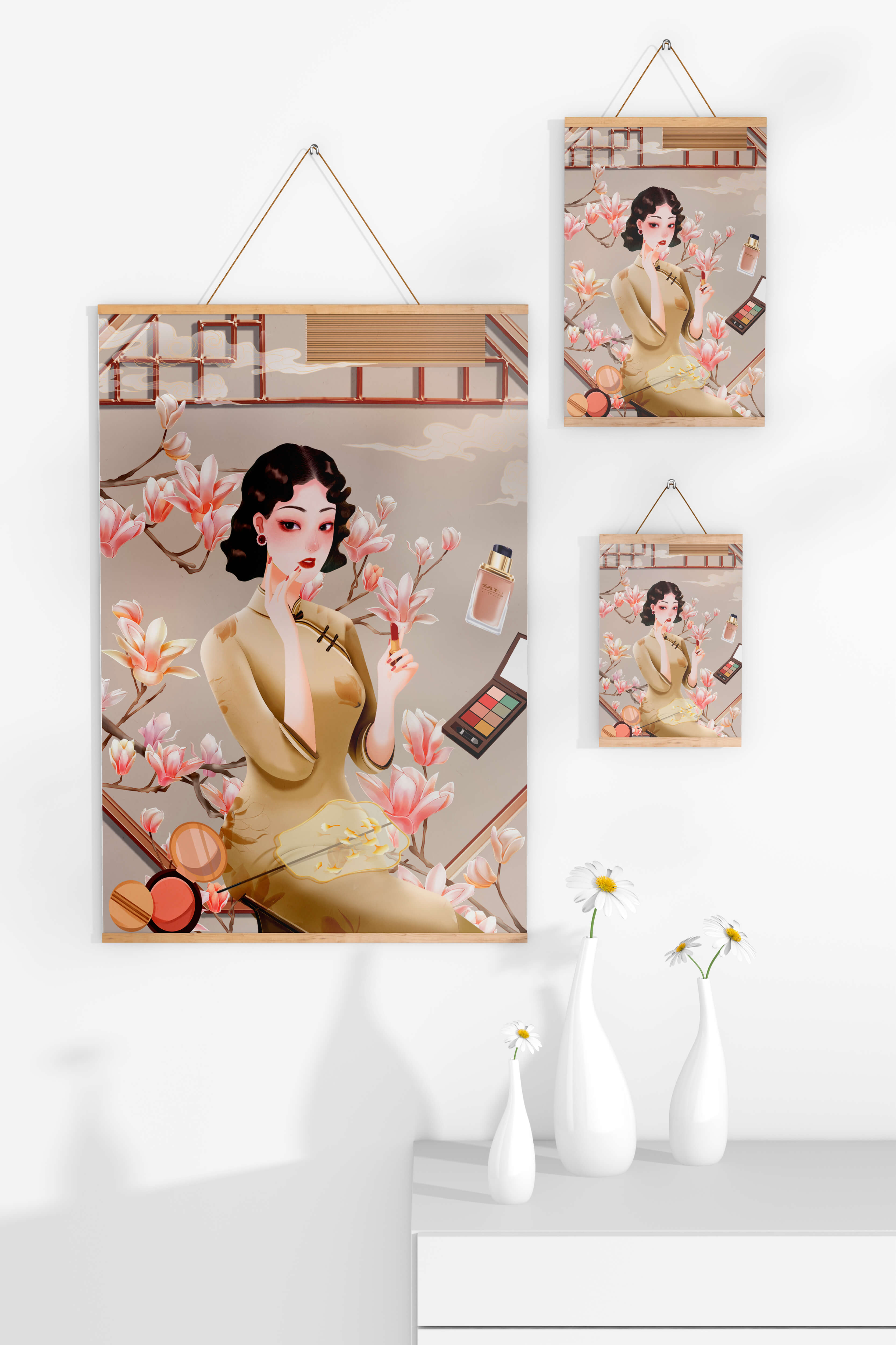 Elegant illustration of a woman with makeup and magnolia flowers