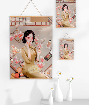 Elegant illustration of a woman with makeup and magnolia flowers