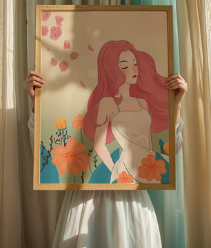 Illustration of a serene woman in a floral dress with flowing red hair