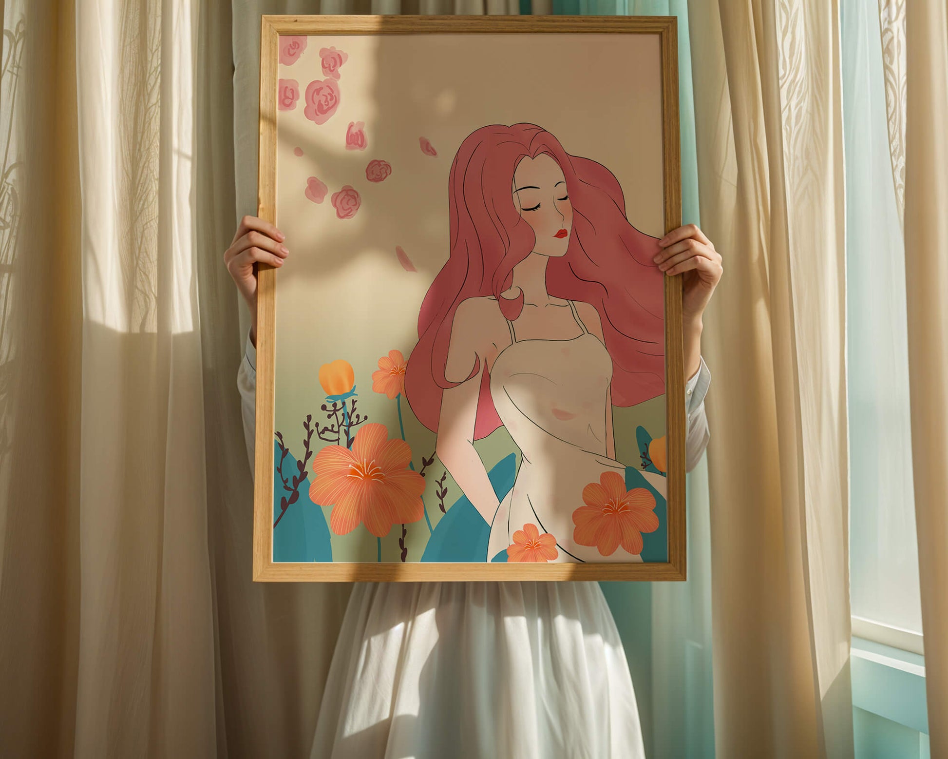 Illustration of a serene woman in a floral dress with flowing red hair