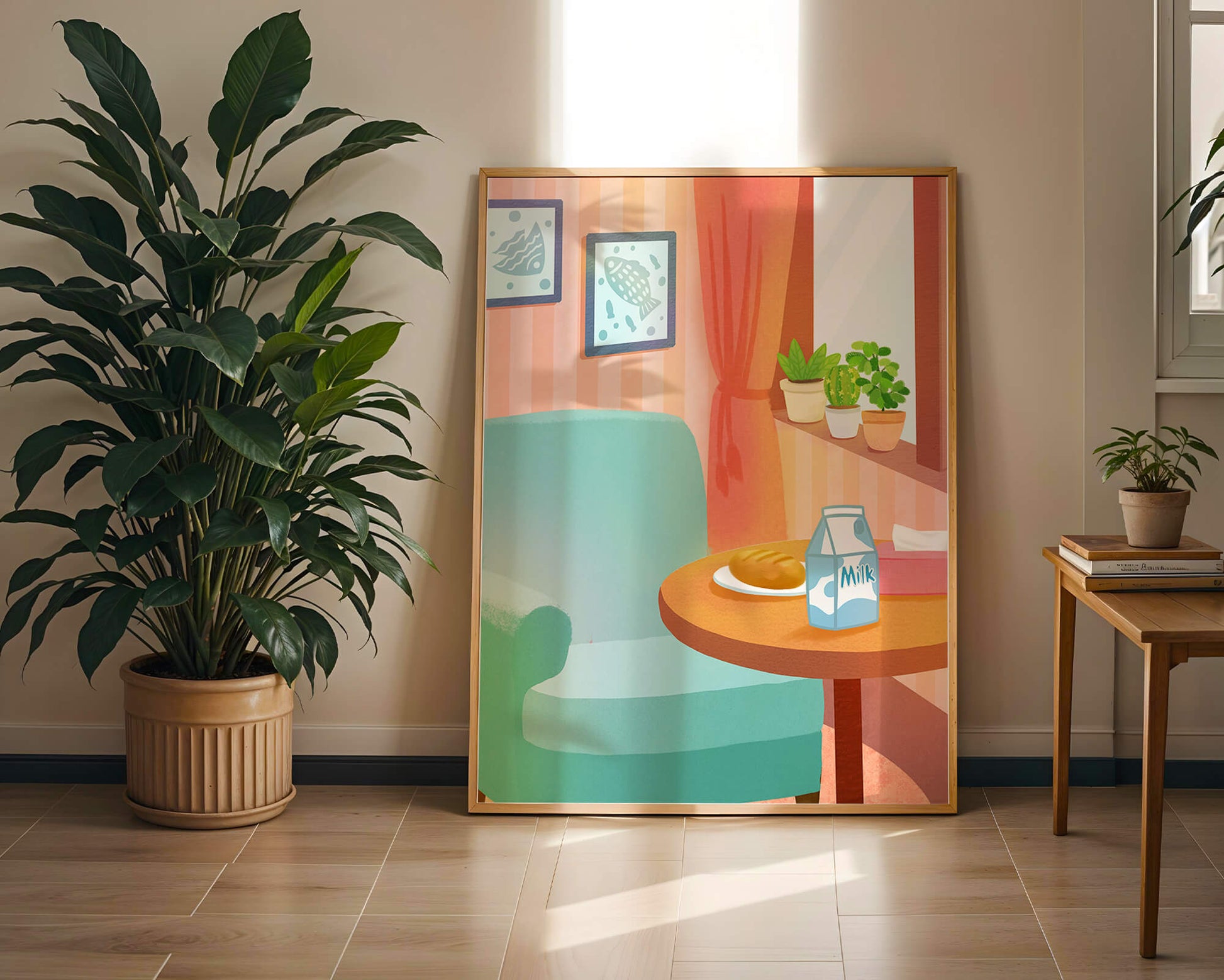 Sala de estar acogedora con mesa y cartón de leche