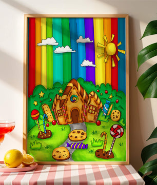 Whimsical candy house in a vibrant rainbow landscape