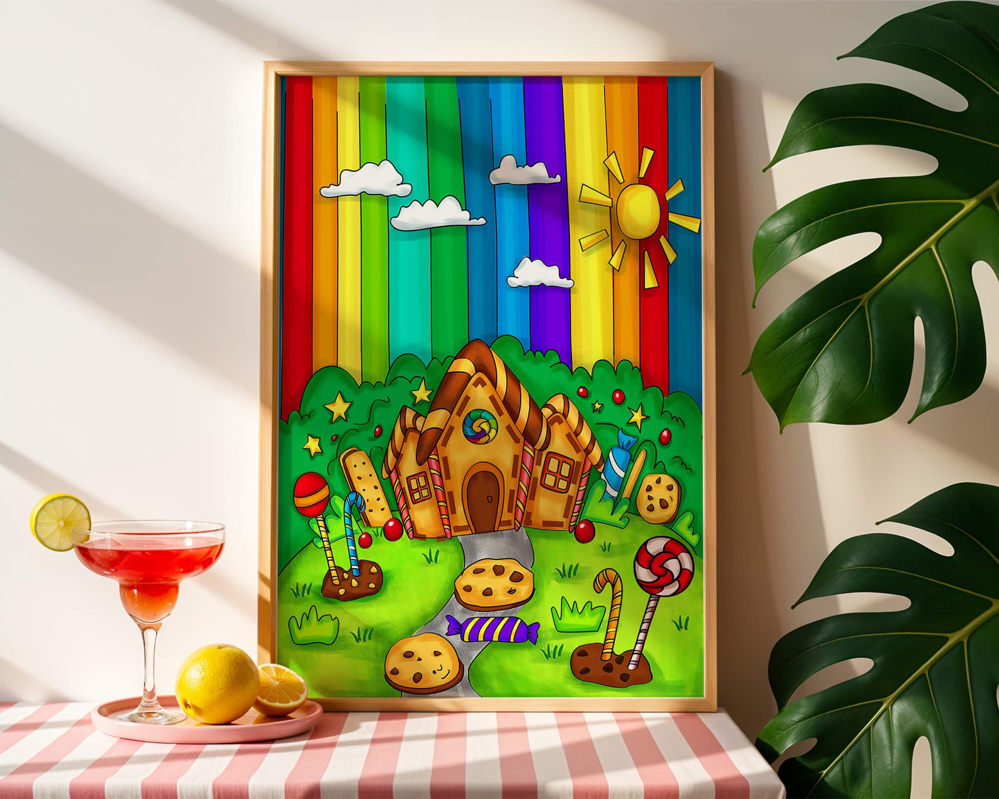 Whimsical candy house in a vibrant rainbow landscape