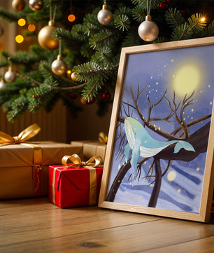 Whale resting on tree branches under starry night sky