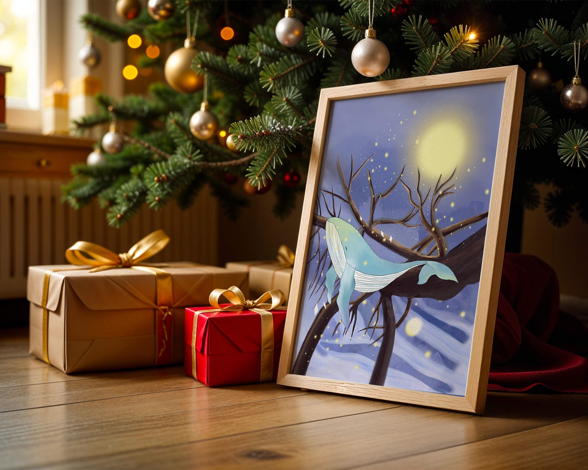 Whale resting on tree branches under starry night sky