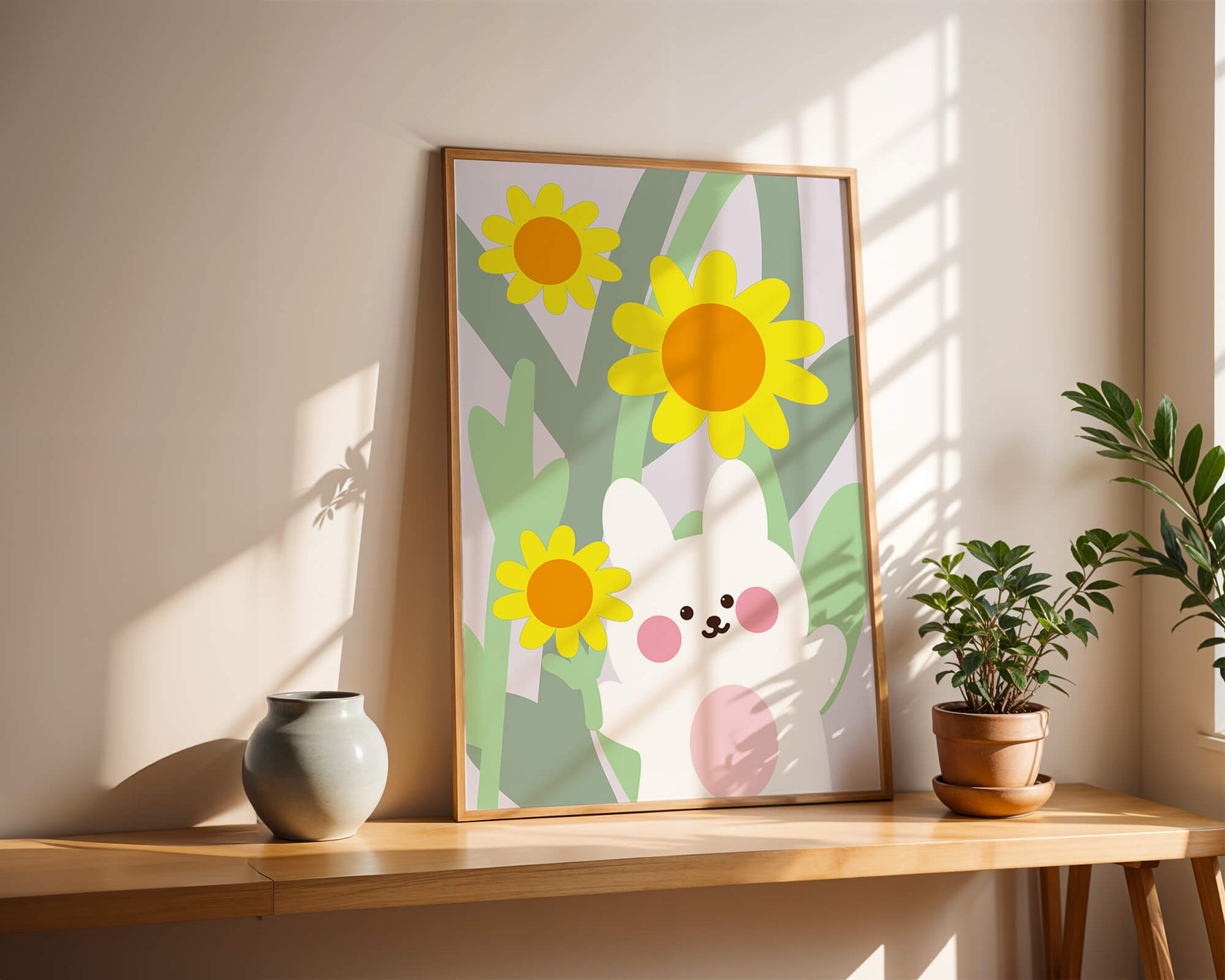 Adorable bunny with vibrant flowers cartoon illustration