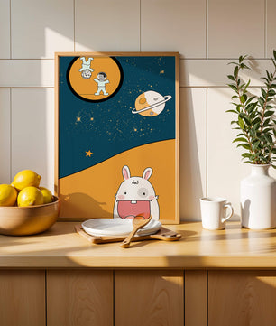 Playful Cartoon of Astronauts and Rabbit with Planet and Stars - Mi tienda