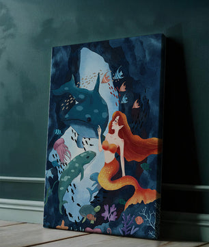 Underwater scene with a mermaid interacting with sea creatures in a vibrant ocean cave