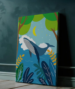 Illustration eines Wals in einer farbenfrohen Waldszene mit Mond und Pflanzen