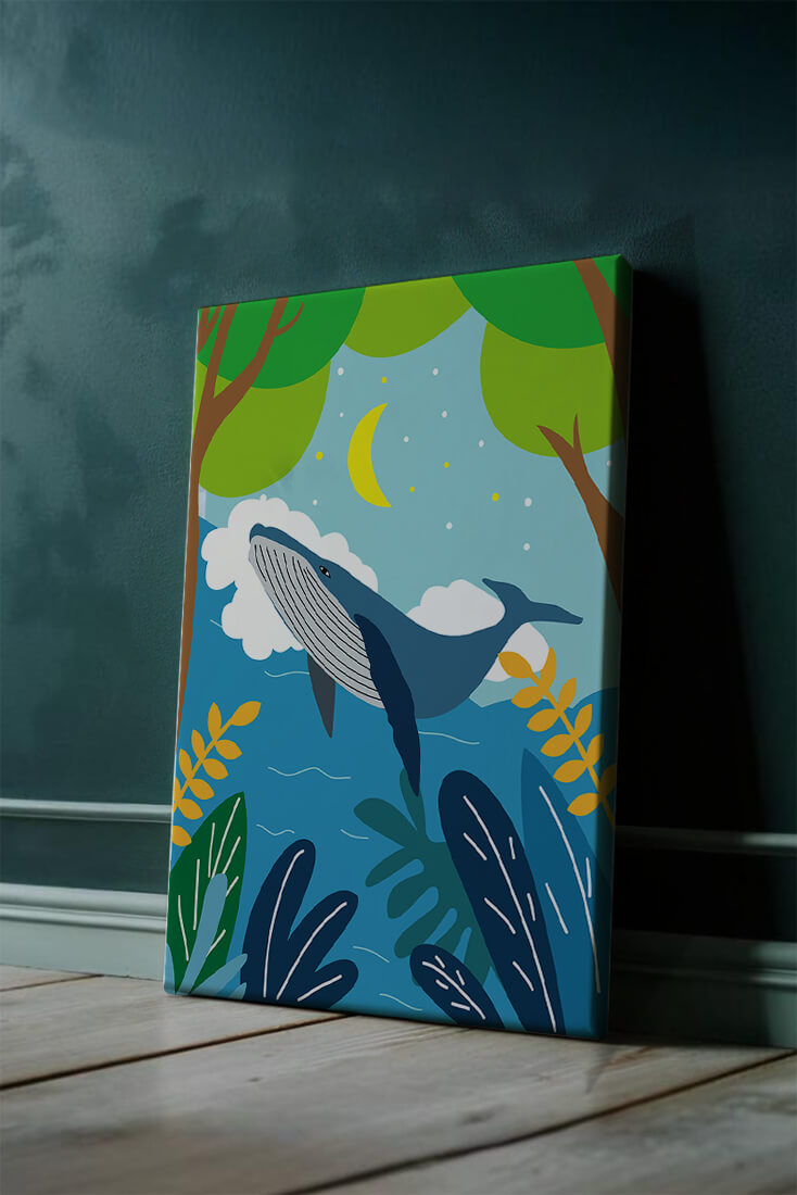 Illustration of a whale in a colorful forest scene with moon and plants