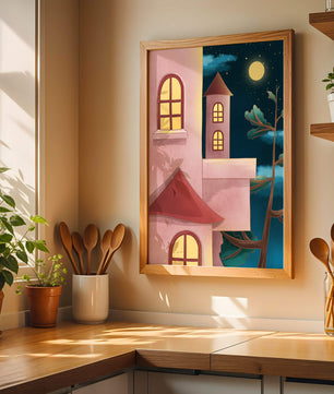 Castillo con ventanas arqueadas bajo el cielo iluminado por la luna