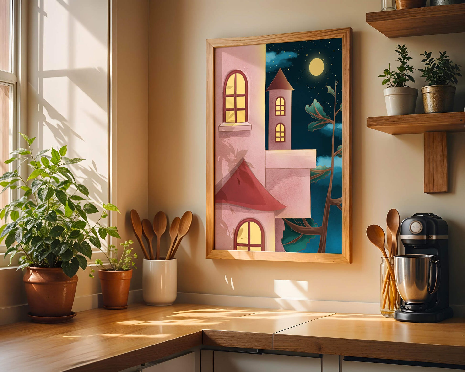 Castle with Arched Windows under Moonlit Sky