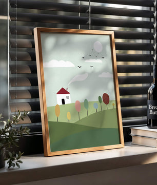 Minimalist Landscape with Colorful Trees and House