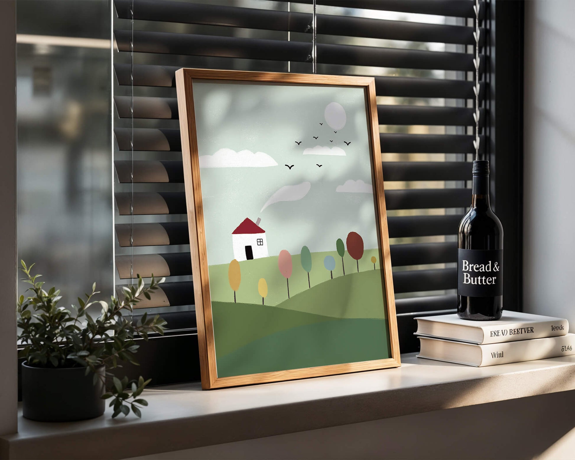 Minimalist Landscape with Colorful Trees and House