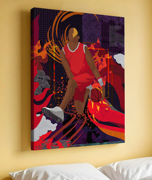 Ilustración dinámica de un jugador de baloncesto en movimiento con patrones abstractos